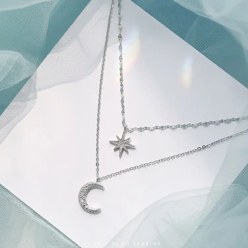 Silver CZ Star Moon Multilayered Necklace